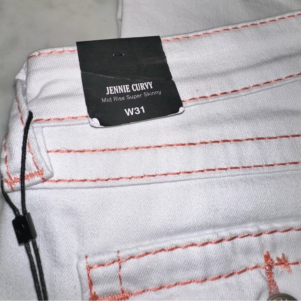 NWT True Religion Jennie Curvy Mid Rise Super Skinny White with Orange Size 31 - Picture 7 of 12